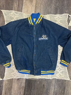 Vintage Goodyear Denim Work Jacket Mens L BIKE Racing Patch Blue Yellow Lined